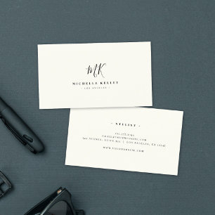 Minimalist Monogram Black Ivory Elegant Script Business Card