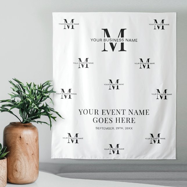 Minimalist Monogram Black & White Business Event Tapestry (Minimalist branded business event tapestry with fully editable text & colors and your logo/monogram)