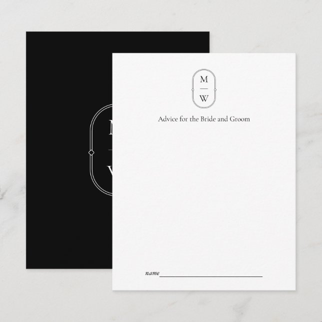 Minimalist Monogram Black & White Wedding Advice Card (Front/Back)