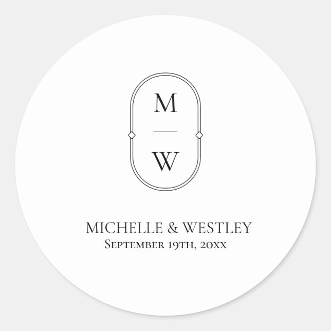 Minimalist Monogram Black & White Wedding Classic Round Sticker (Front)