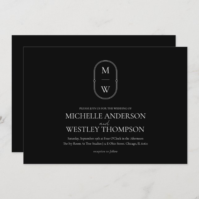 Minimalist Monogram Black & White Wedding Invitation (Front/Back)