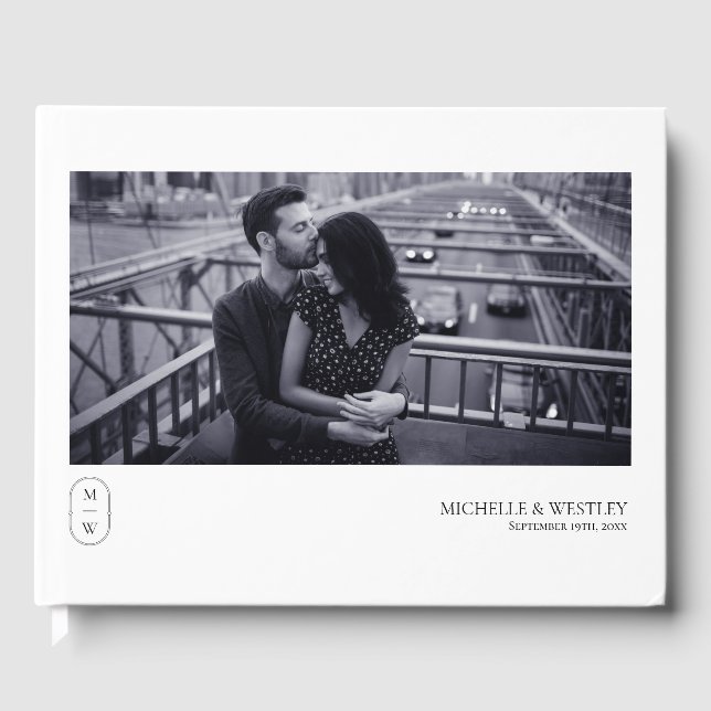 Minimalist Monogram Black & White Wedding Photo Guest Book (Front)