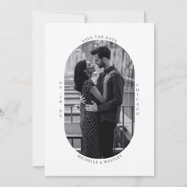Minimalist Monogram Black & White Wedding Photo Save The Date (Back)