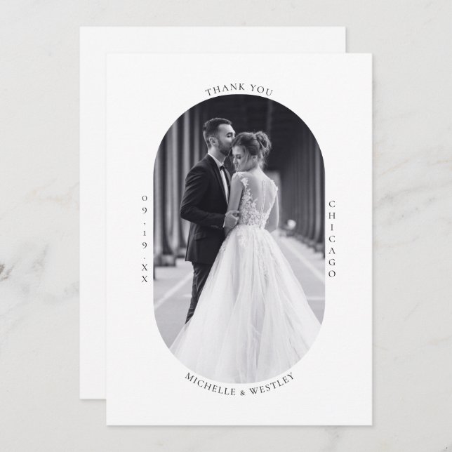 Minimalist Monogram Black & White Wedding Photo Thank You Card (Front/Back)