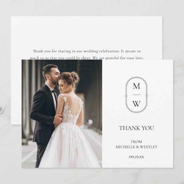 Minimalist Monogram Black & White Wedding Photo Thank You Card (Front/Back)