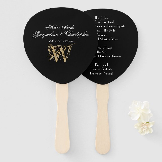 Minimalist Monogram Black & White Wedding Program  Hand Fan (Front and Back)