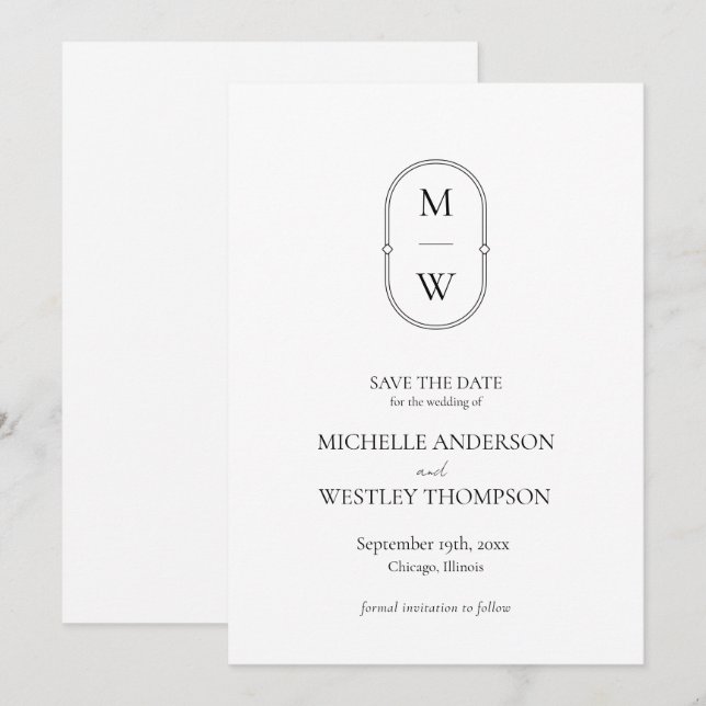 Minimalist Monogram Black & White Wedding Save The Date (Front/Back)