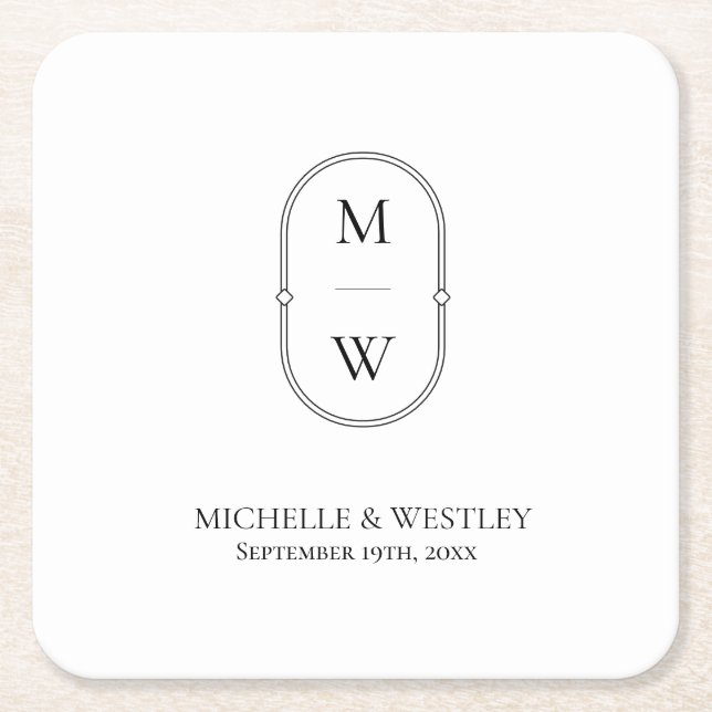 Minimalist Monogram Black & White Wedding Square Paper Coaster (Front)