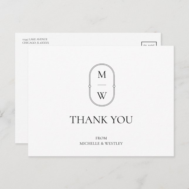 Minimalist Monogram Black White Wedding Thank You Postcard (Front/Back)