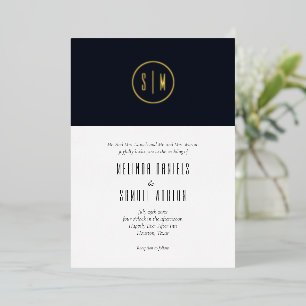 Minimalist Monogram Blue White Wedding Gold 