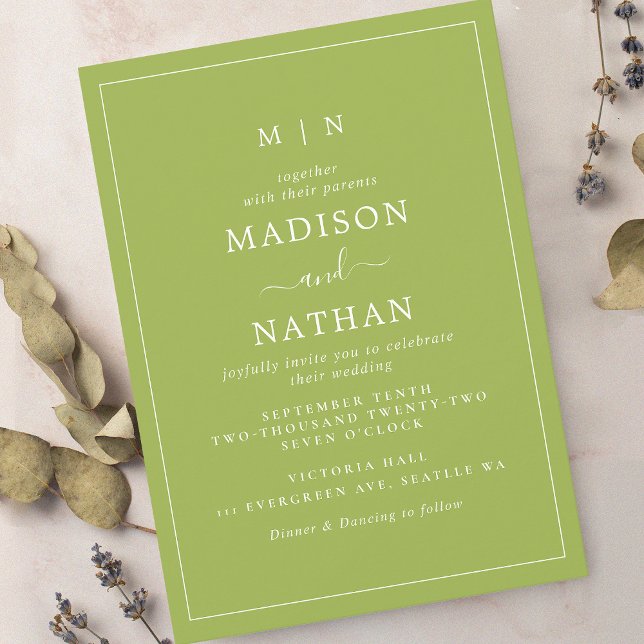 Minimalist Monogram Bright Green Wedding Invitation (Creator Uploaded)