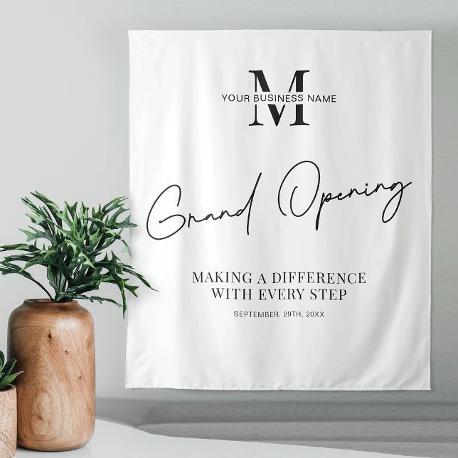 Minimalist Monogram Business Grand Opening Party Tapestry (Modern business Grand Opening event branded tapestry in black & white with your monogram)