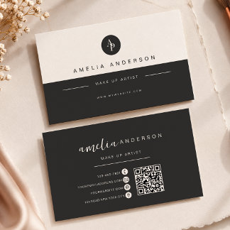 Minimalist Monogram Charcoal Black Qr Code Business Card