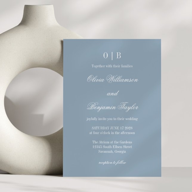 Minimalist Monogram Classic Dusty Blue Wedding Invitation (Creator Uploaded)