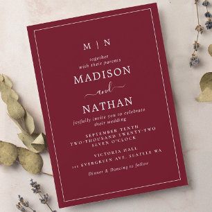 Minimalist Monogram Cranberry Red Wedding  Invitation