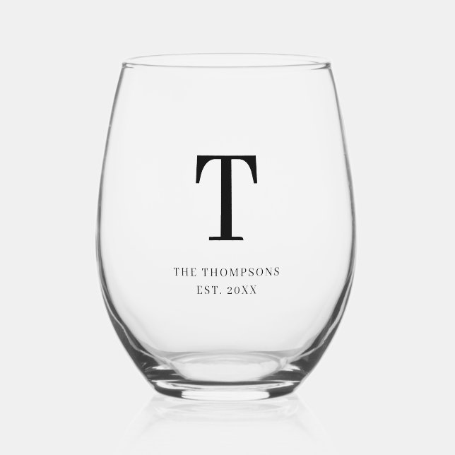 Minimalist Monogram Custom Couple Family Name Stemless Wine Glass (Front)