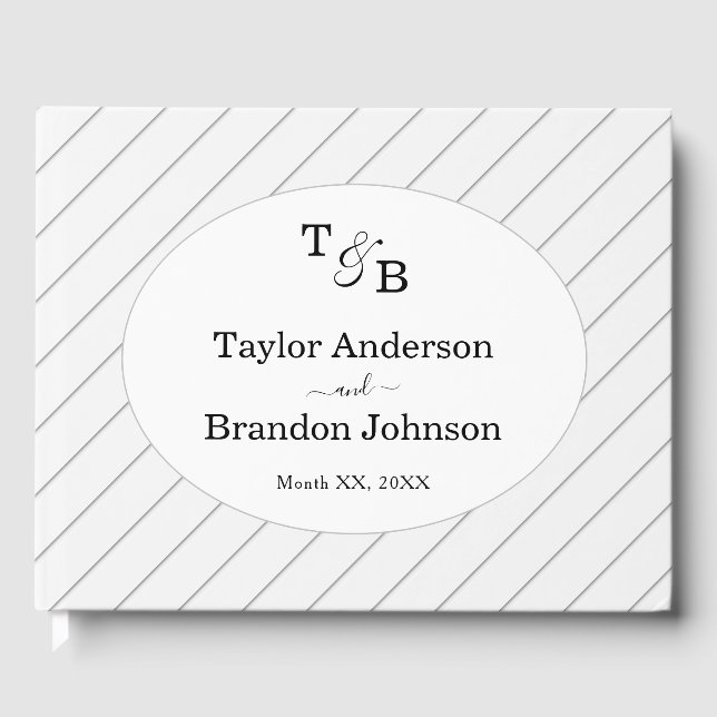 Minimalist Monogram Custom Grey Striped Wedding Guest Book (Front)