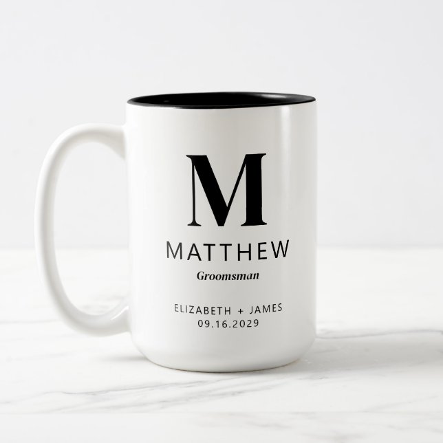 Minimalist Monogram Custom Groomsman Gift Simple Two-Tone Coffee Mug (Left)