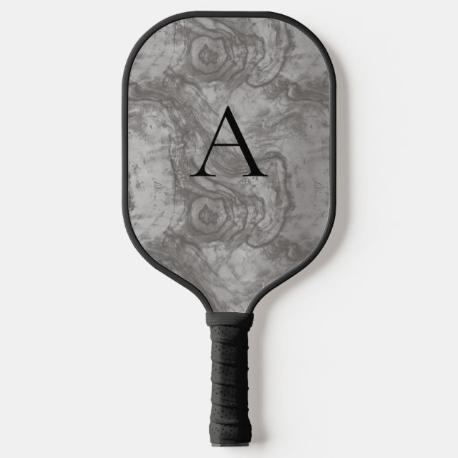 Minimalist Monogram Dark Grey Wood Grain Pickleball Paddle (Front)