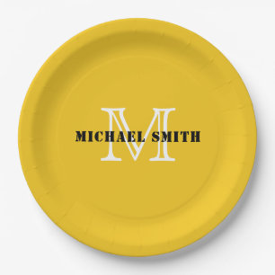 Minimalist Monogram Deep Lemon Background Paper Plate