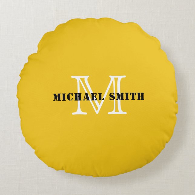 Minimalist Monogram Deep Lemon Background Round Cushion (Front)