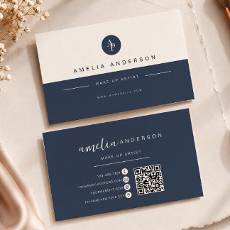 Minimalist Monogram Deep Navy Blue Qr Code Business Card