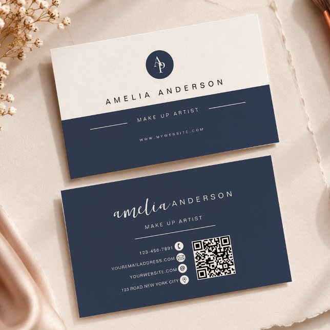 Minimalist Monogram Deep Navy Blue Qr Code Business Card (Creator Uploaded)