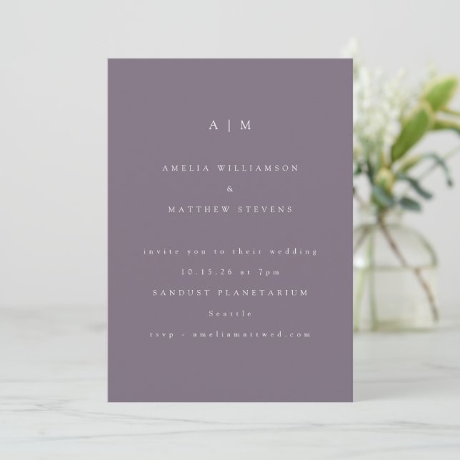 Minimalist Monogram Dusty Purple Modern Wedding Invitation (Standing Front)
