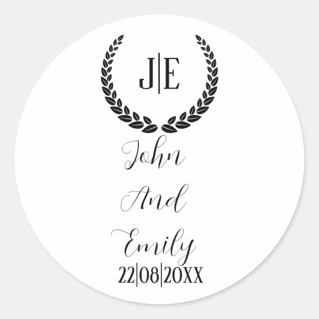 Minimalist monogram elegant black & white wedding  classic round sticker (Front)