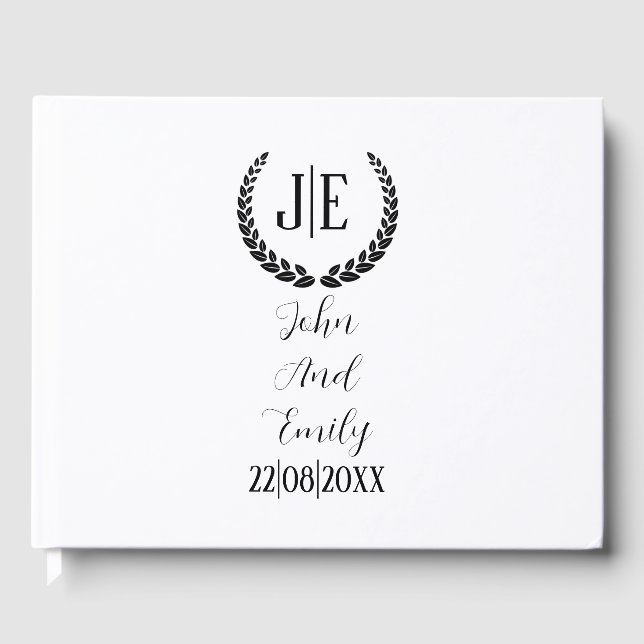 Minimalist monogram elegant black & white wedding  guest book (Front)