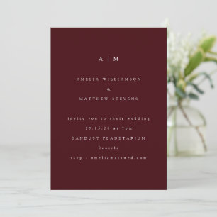 Minimalist Monogram Elegant Burgundy Wedding Invitation