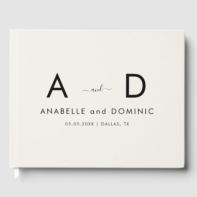 Minimalist Monogram Elegant Ivory & Black Wedding Guest Book (Front)