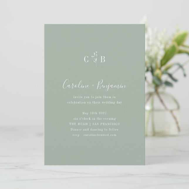 Minimalist Monogram Floral Dusty Sage Wedding Invitation (Standing Front)