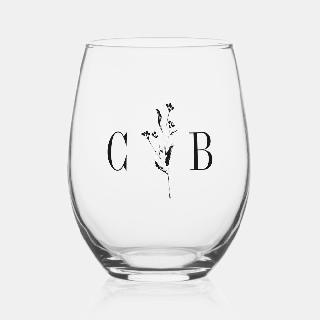 Minimalist Monogram Floral Ivory Cream Wedding Stemless Wine Glass (Front)