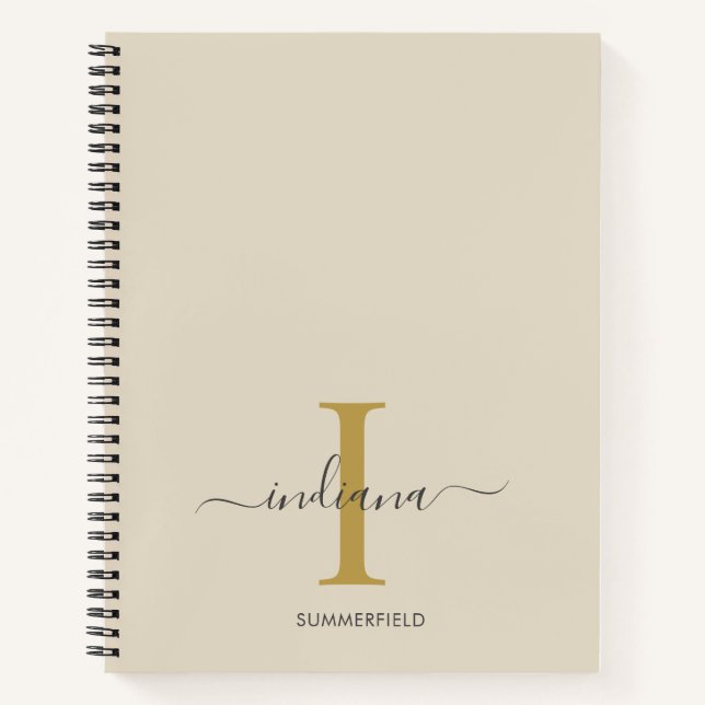 Minimalist Monogram Gold Grey Script Name Notebook (Front)