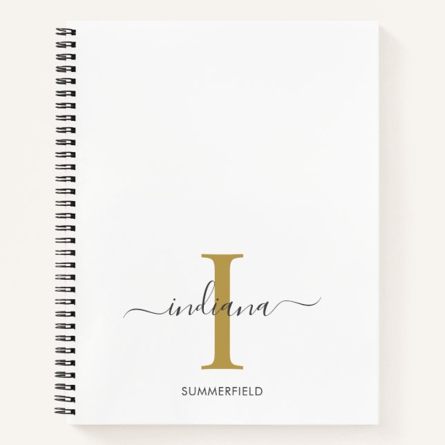 Minimalist Monogram Gold Grey Script Name Notebook (Front)