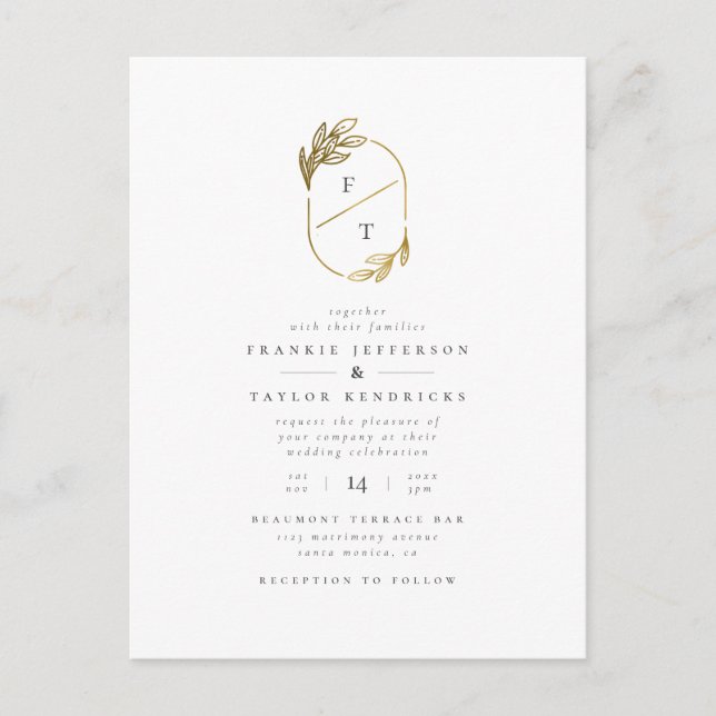 Minimalist Monogram | Gold Wreath Wedding Photo Invitation Postcard (Front)