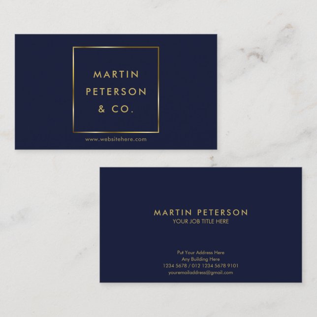 Minimalist Monogram | Golden Square on Dark Blue Business Card (Front/Back)