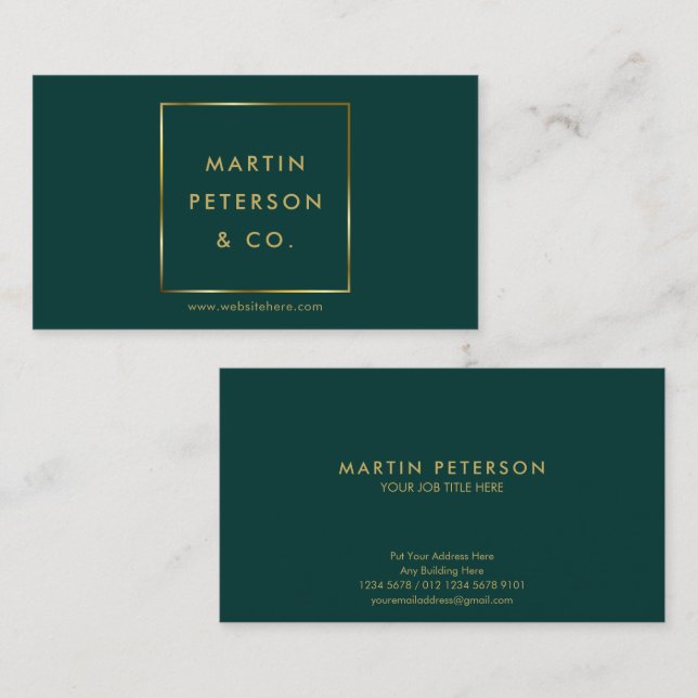 Minimalist Monogram | Golden Square on Dark Green Business Card (Front/Back)