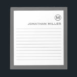 Minimalist Monogram Grey Lined Notepad<br><div class="desc">A modern minimalist lined notepad in grey and white. Custom monogram initial and name on a simple white background,  framed by a grey border. Personalise using the fields provided or use the 'message' button to contact the designer for help.</div>