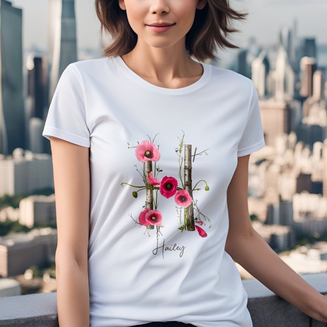 Minimalist Monogram Letter H with Poppies & Vines T-Shirt (Creator Uploaded)