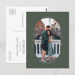 Minimalist Monogram Moss Green Photo Save the Date Postcard