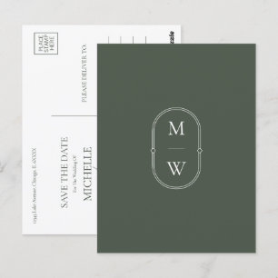 Minimalist Monogram Moss Green Save the Date Postcard