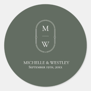 Minimalist Monogram Moss Green Wedding Classic Round Sticker