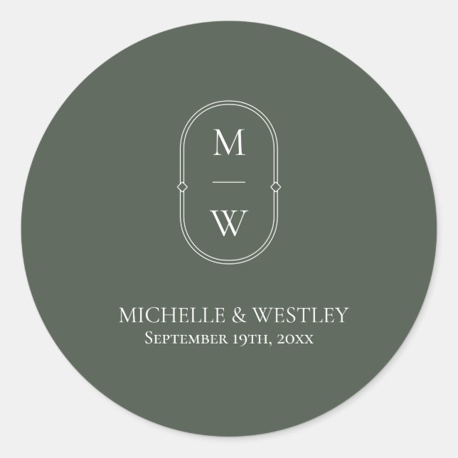 Minimalist Monogram Moss Green Wedding Classic Round Sticker (Front)