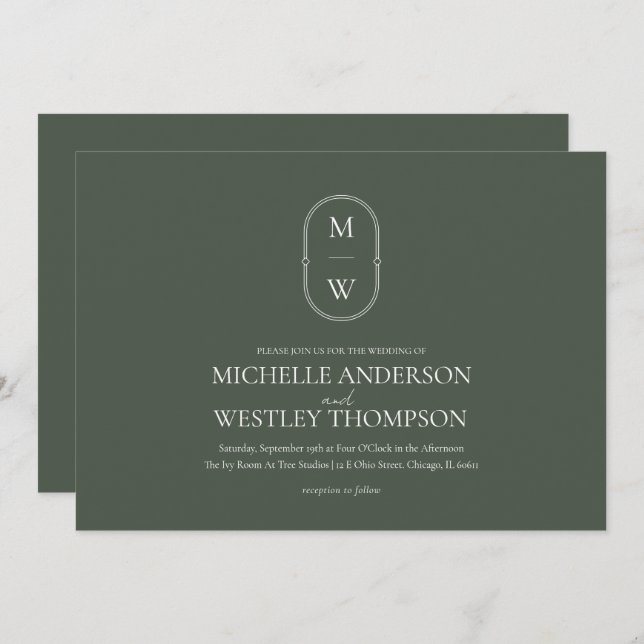 Minimalist Monogram Moss Green Wedding Invitation (Front/Back)