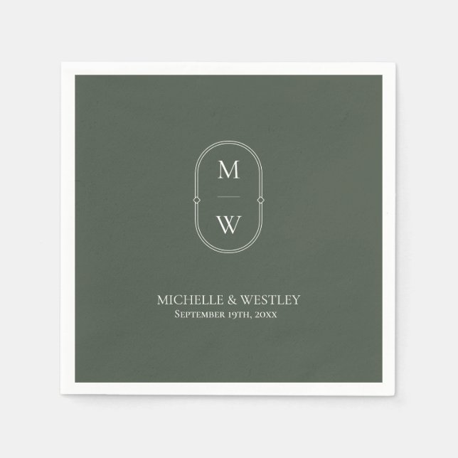 Minimalist Monogram Moss Green Wedding Napkin (Front)