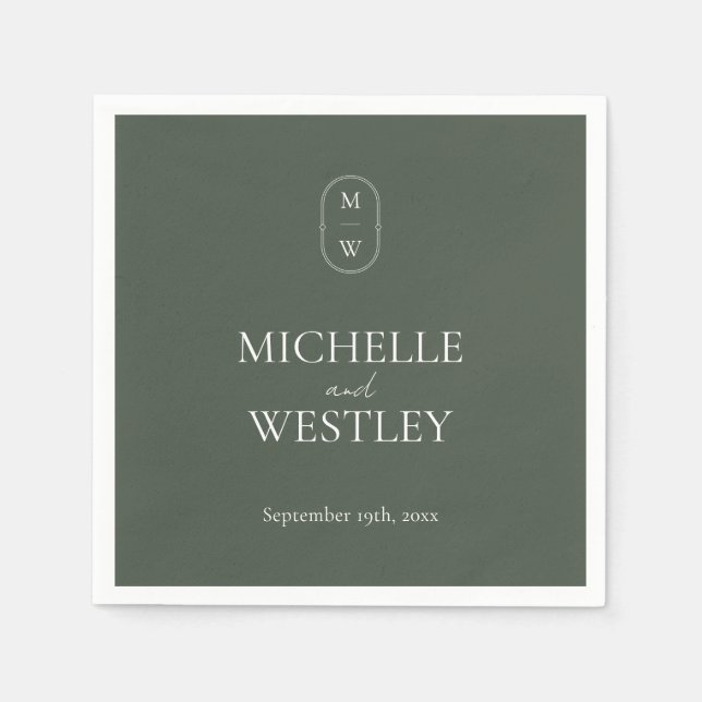 Minimalist Monogram Moss Green Wedding Napkin (Front)