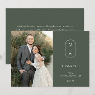 Minimalist Monogram Moss Green Wedding Photo Thank You Card