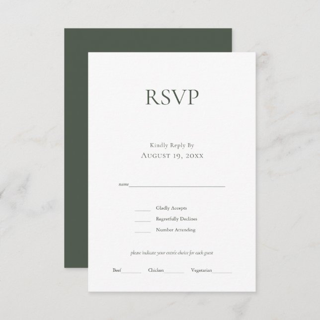 Minimalist Monogram Moss Green Wedding RSVP Card  (Front/Back)